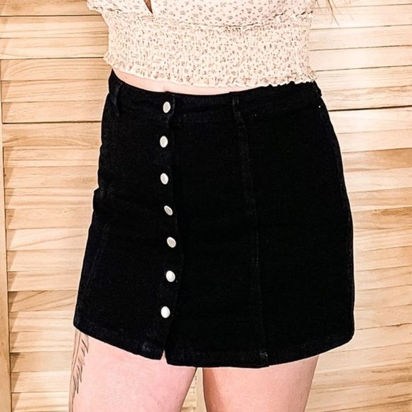 Retro button Up Front Black Jean Mini Skirt - Picture 1 of 5
